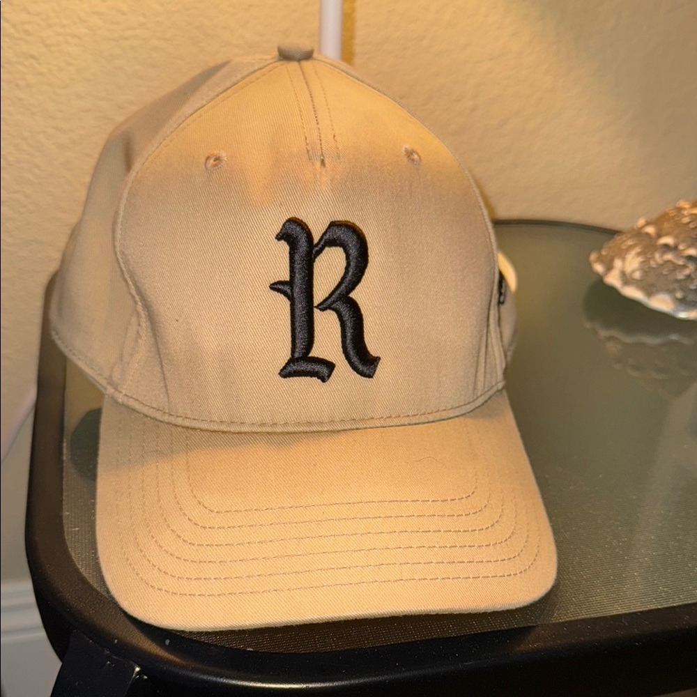 Tan and Black Baseball Cap with Gothic R Embroidery